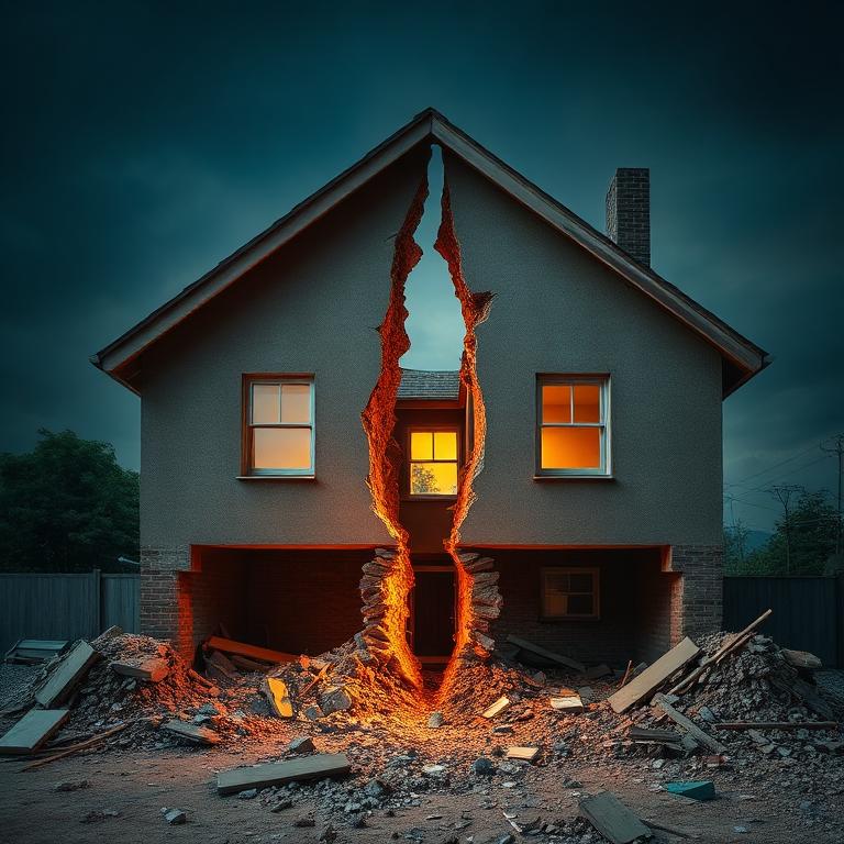 House cracked in half by an earthquake fissure — California earthquake insurance